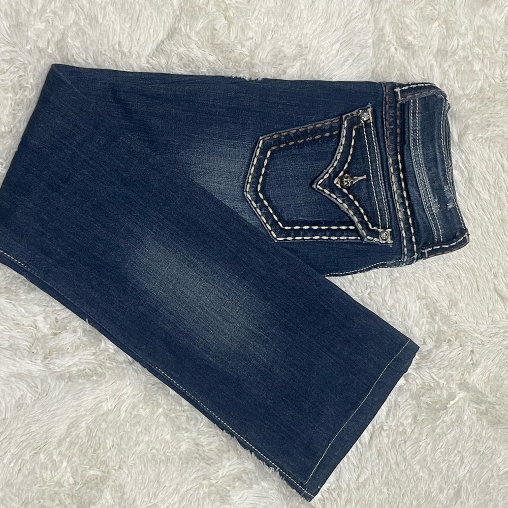 Miss Me Bootcut Jeans – Dark Wash with Embellished Flap Pockets (Size 28)